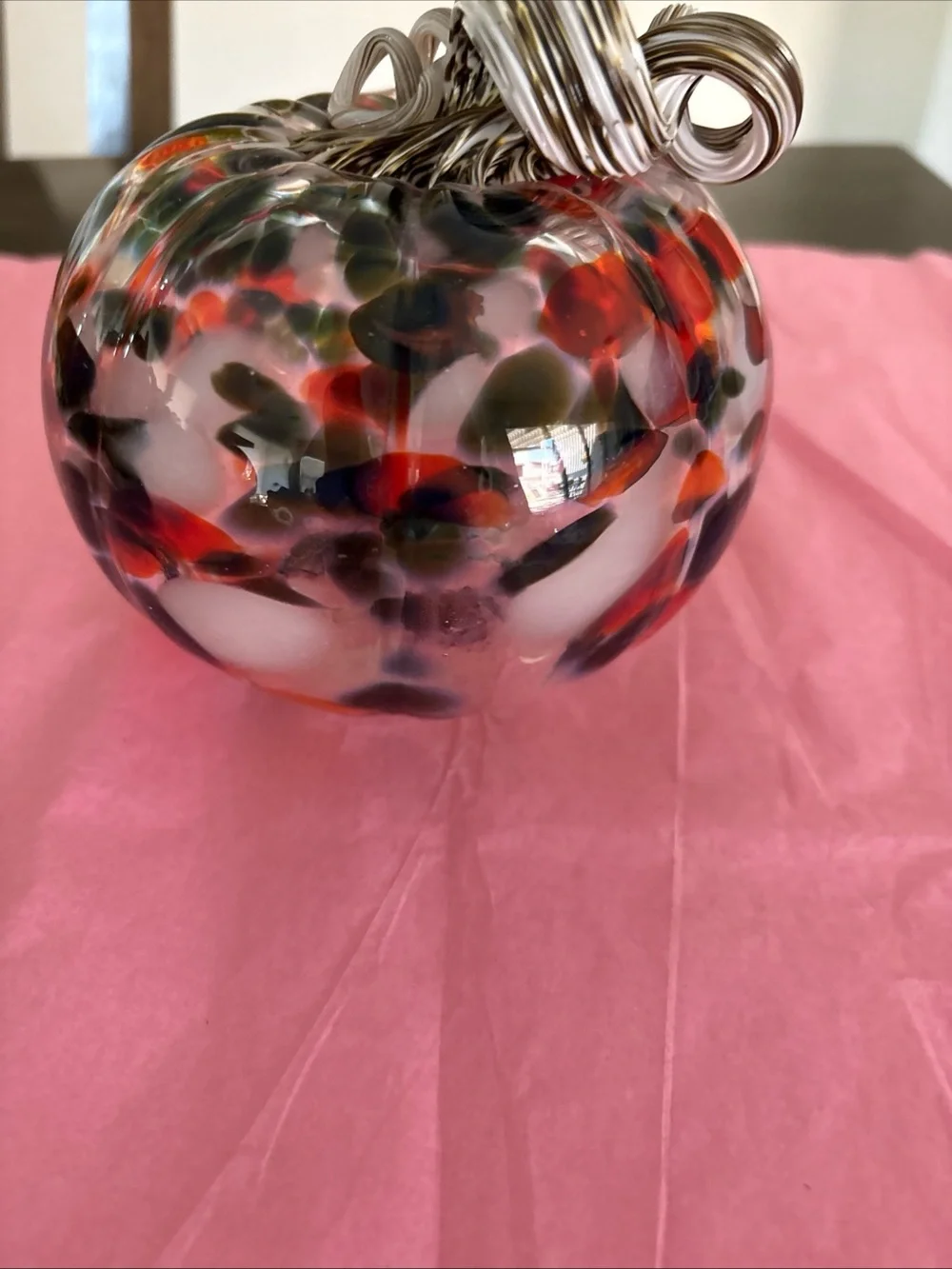 Handblown Glass Clear With Orange Black White Spots Pumpkin